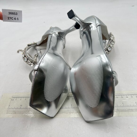 Wansseny Silver Gorgeous Rhinestone Ankle Strap Open Square Toe Back Zip Sandals - Picture 8 of 9